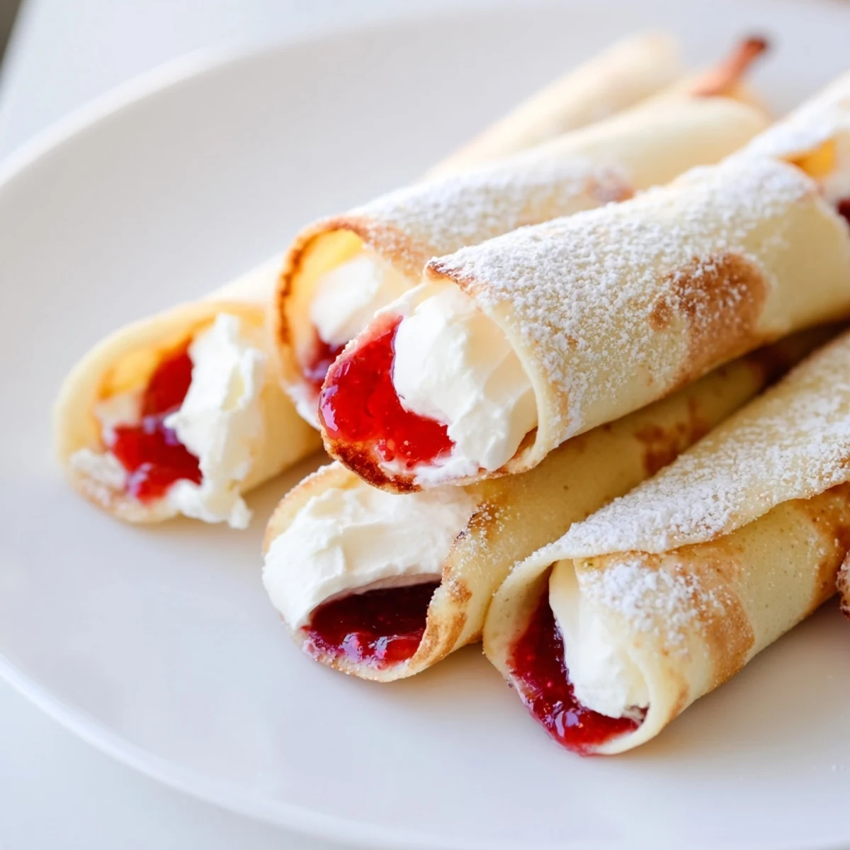 Nahaufnahme von Schneeflocken-Tortilla-Wraps mit Puderzucker, bereit zum Servieren, ein süßer Snack.