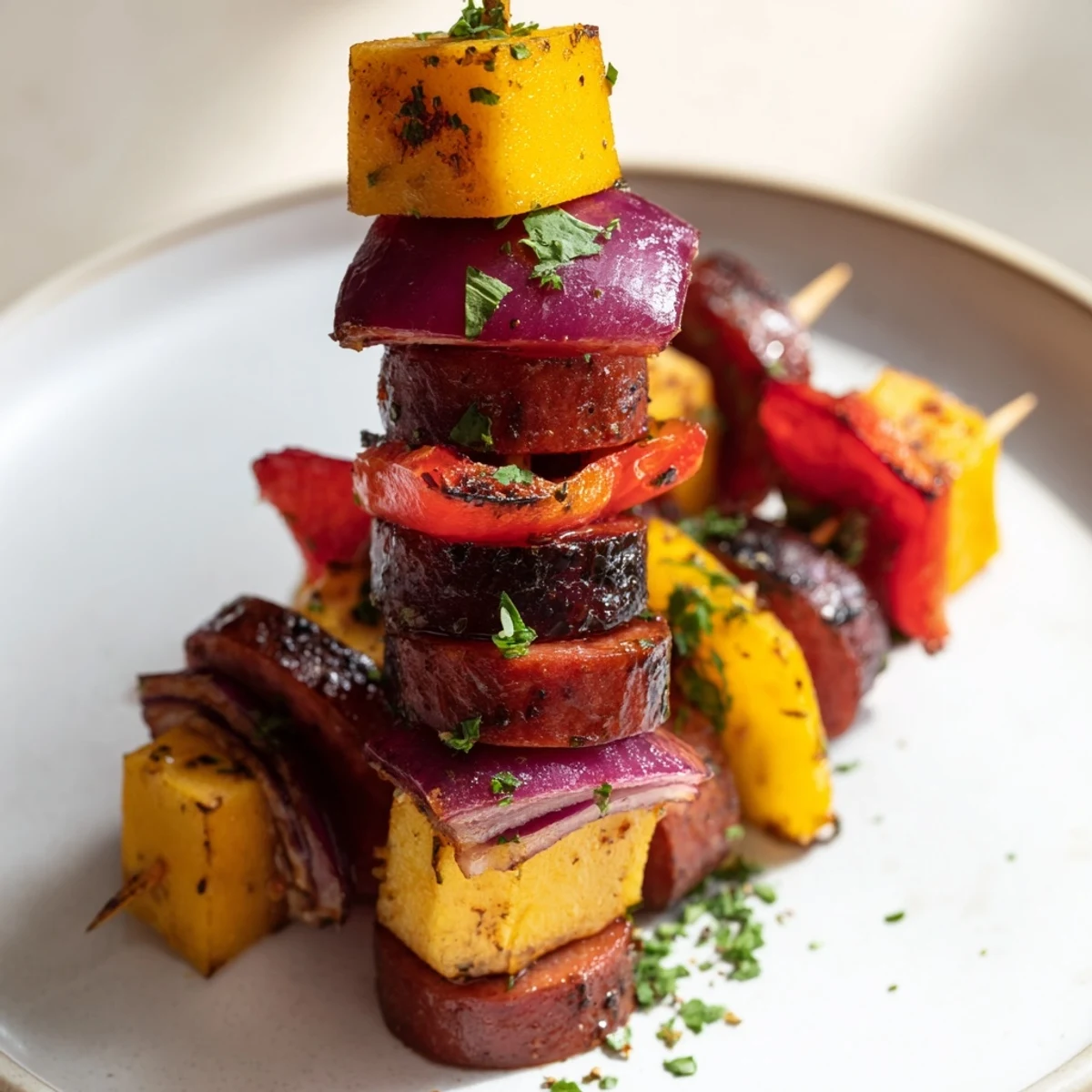 Delicious American appetizer: perfectly grilled Savory Skewers: Chimney Stack Sausage and Cheese, ready to serve.