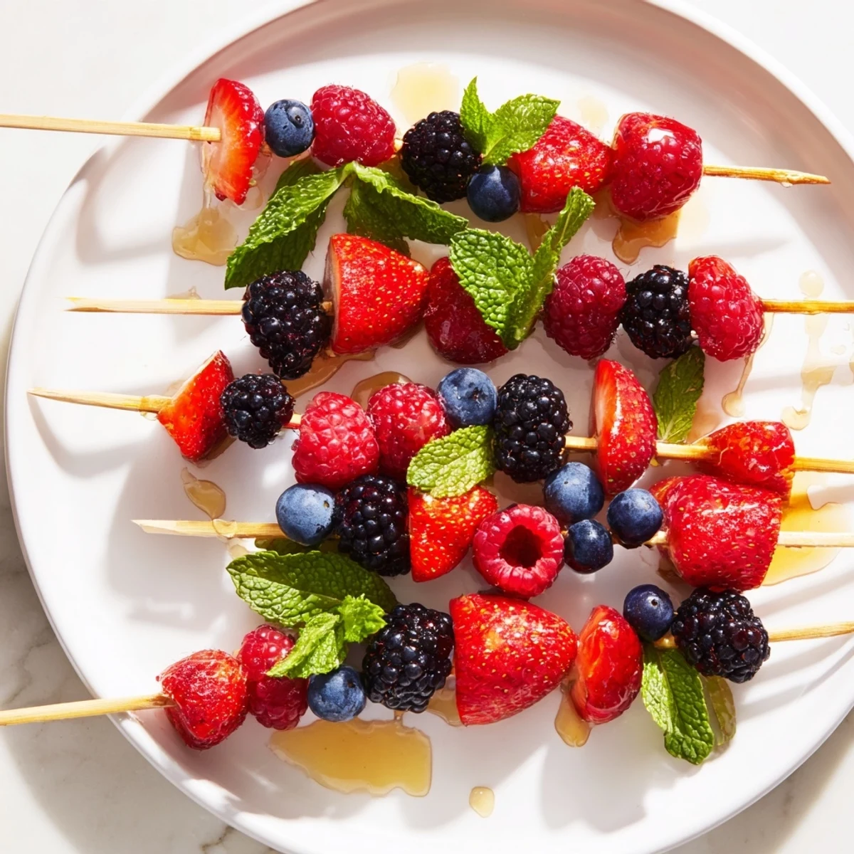 Close-up of vibrant fruit skewers: berries and fresh mint, perfect for a picnic treat.