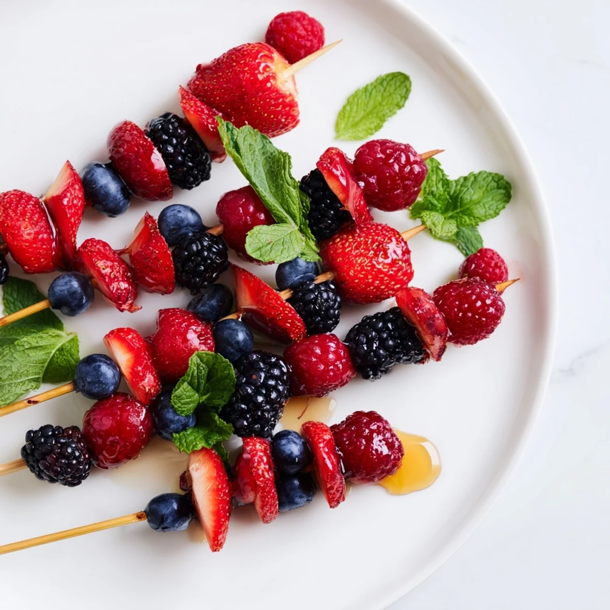 A colorful image of simple berry and mint skewers, a refreshing summer snack.