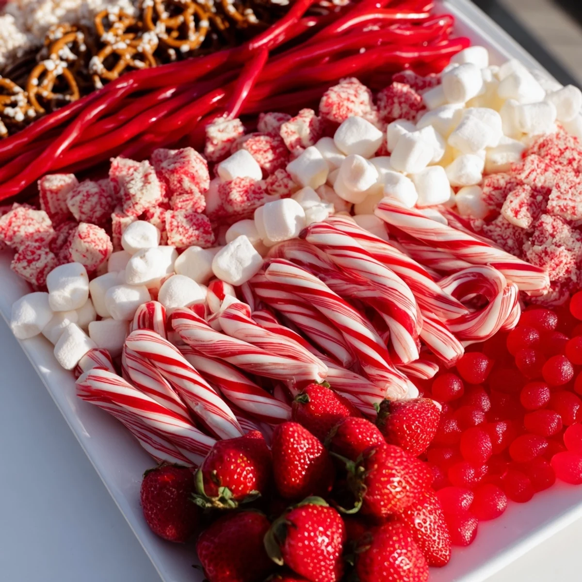Festive sweet board with a red and white candy stripe treat, overflowing with delicious holiday sweets.