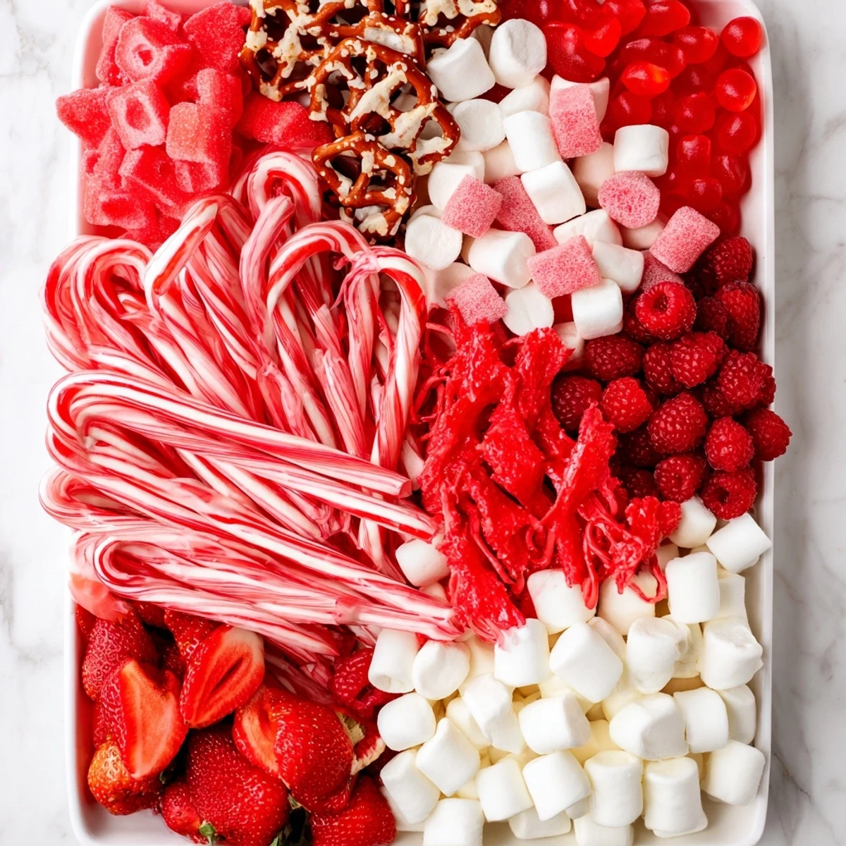 Vibrant red and white candy stripe treats arranged on a board, perfect for sharing at any celebration.