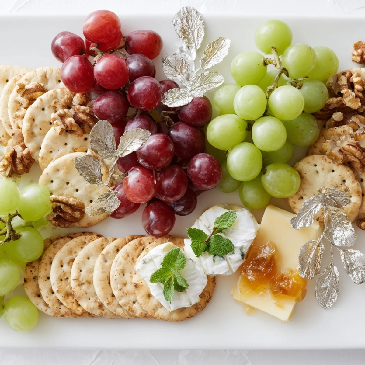 Elegant Sparkling Grape and Silver Cracker Platter featuring creamy cheese and vibrant grapes, ready to serve.