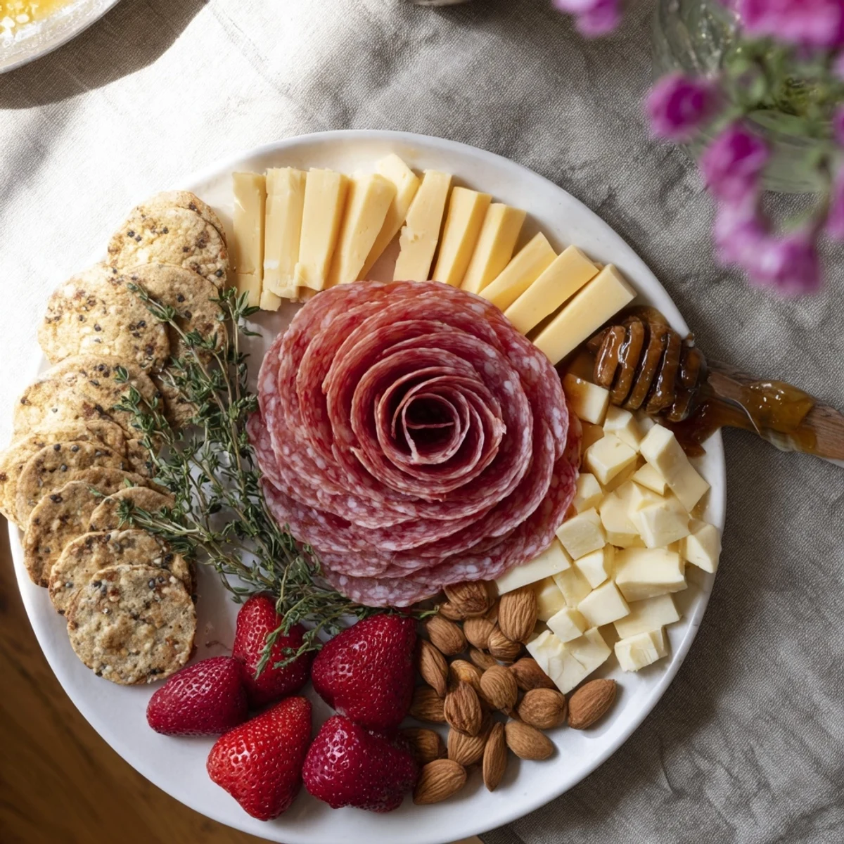 Easy Charcuterie featuring a vibrant salami rose, cheeses, and fruits; perfect visually appealing appetizer.