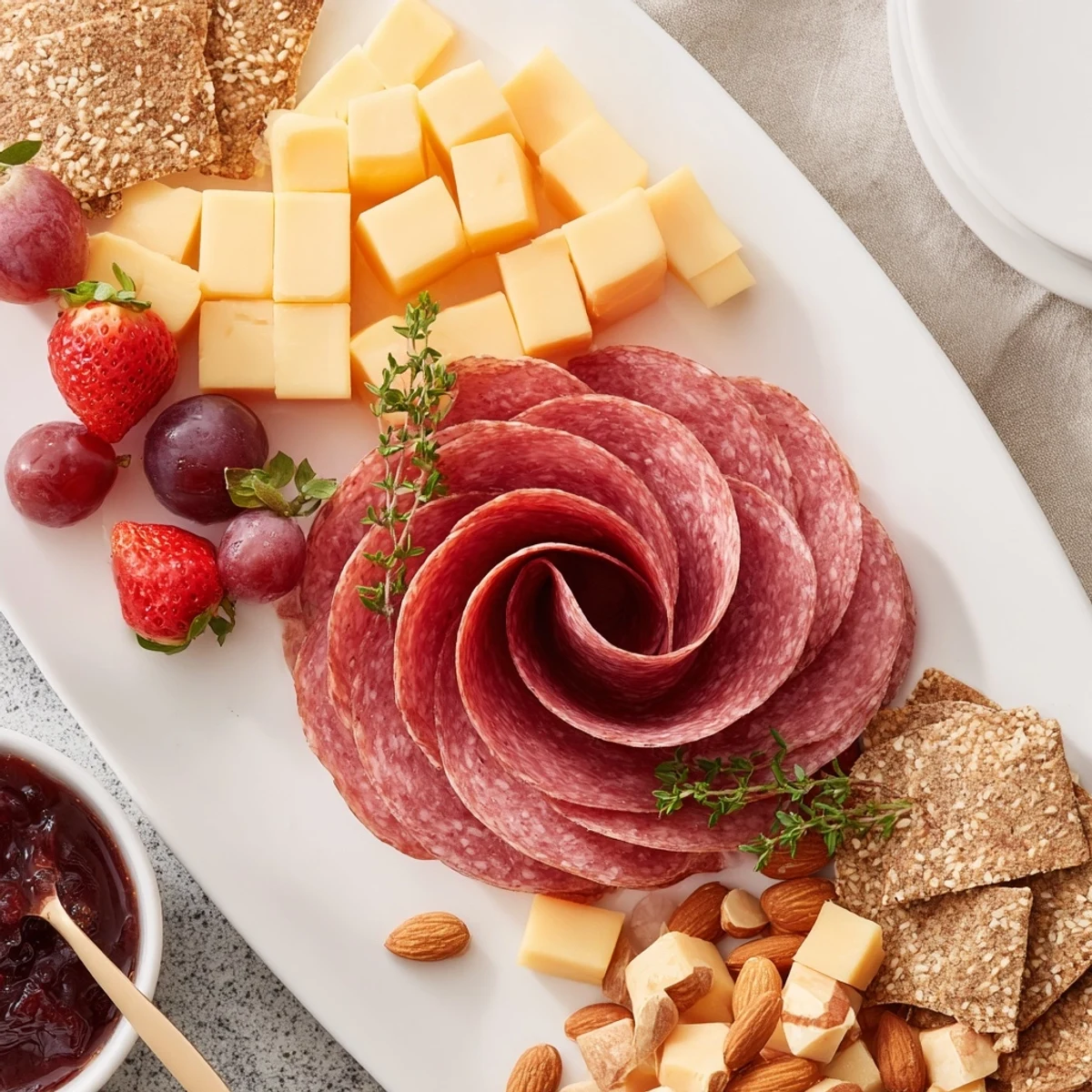 A single-serving Easy Charcuterie board with a salami rose and assorted gourmet snacks laid out.