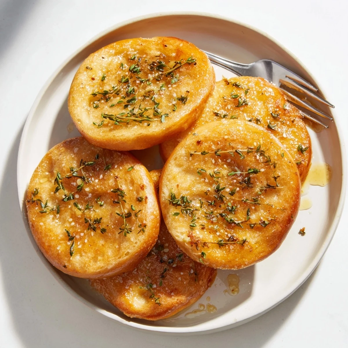 Freshly baked Simple Bread baguette slices, perfect appetizers, lightly brushed with olive oil and herbs.