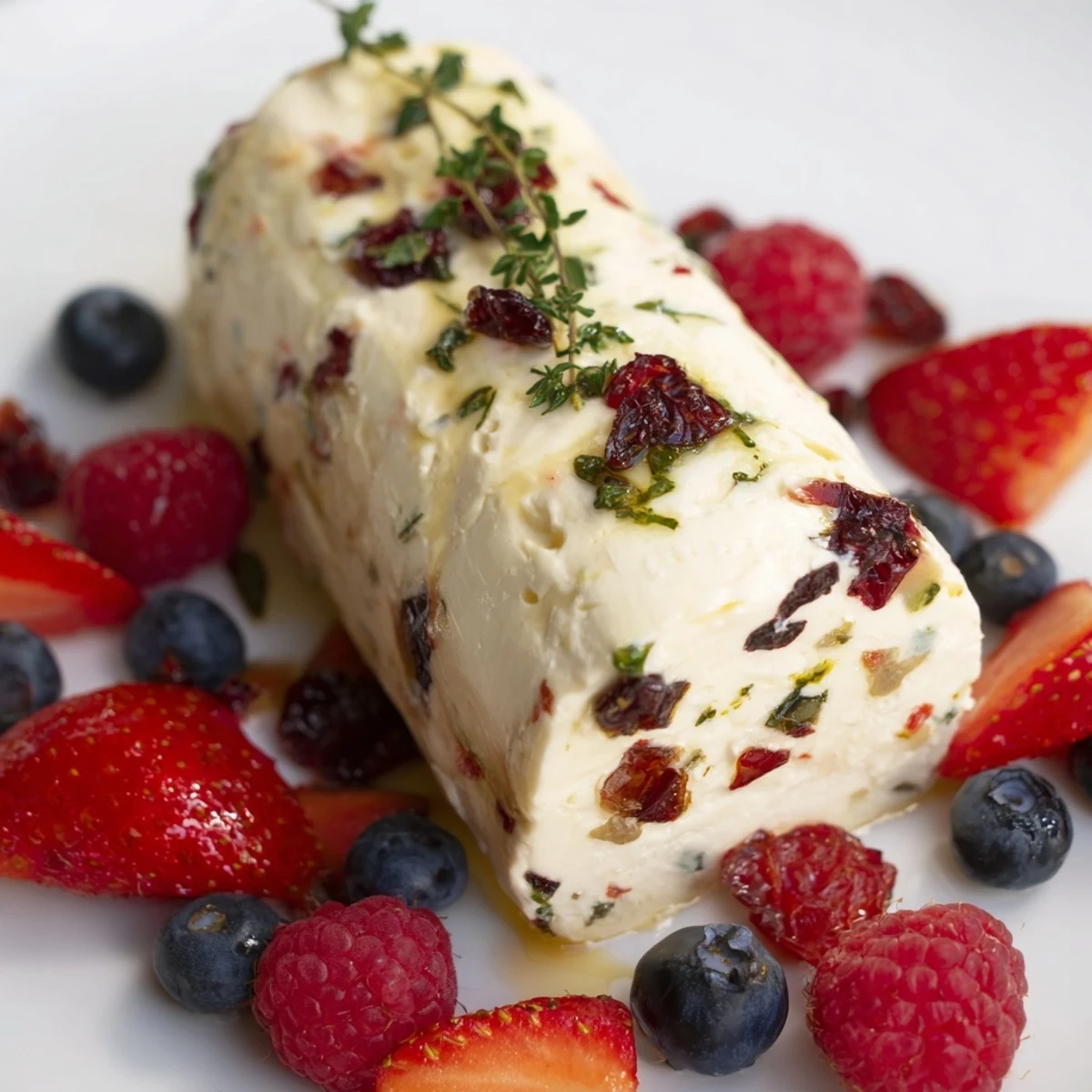 Cranberry & Goat Cheese Log with Simple Berries: Creamy log speckled with cranberries, served with bright, fresh berries.