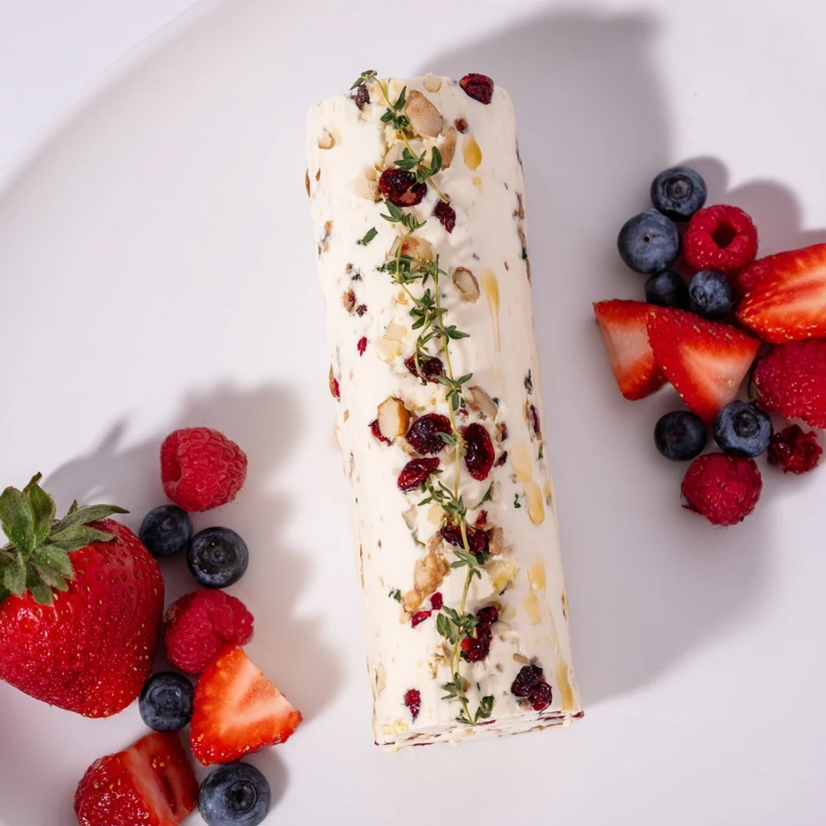 A close-up of a festive Cranberry & Goat Cheese Log, the perfect appetizer for your next gathering.