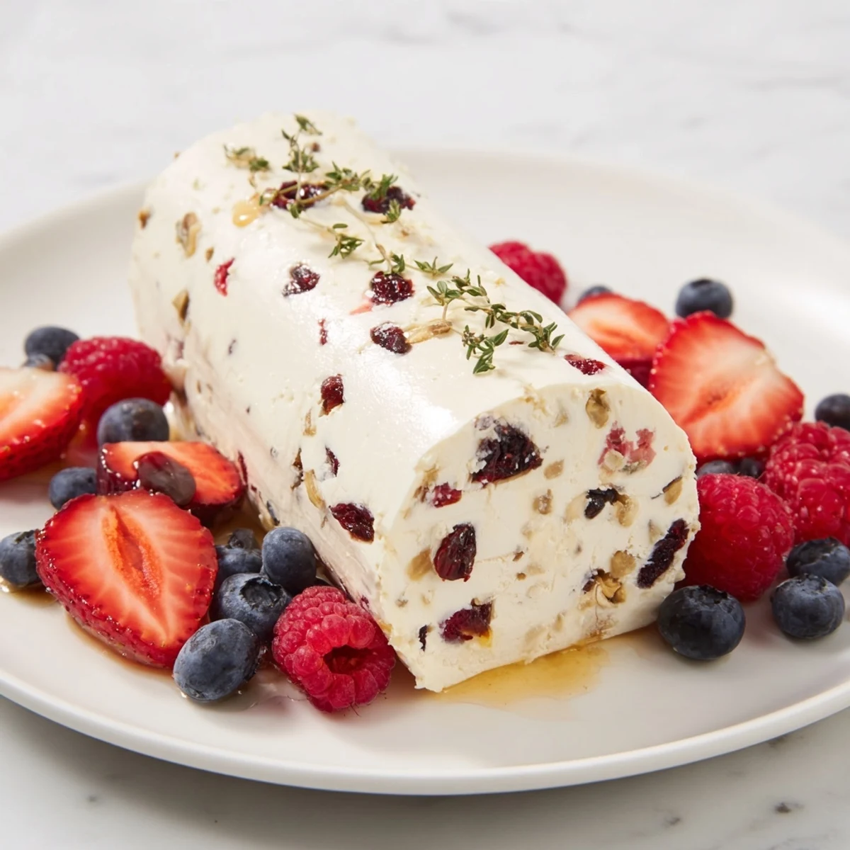 Delectable Cranberry & Goat Cheese Log, surrounded by colorful berries ready for dipping with crackers.
