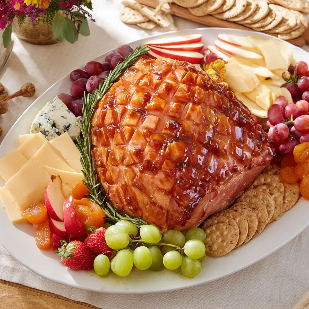 Dieses verführerische Glazed Ham Centerpiece Board ist mit verschiedenen Leckereien angerichtet und einladend.
