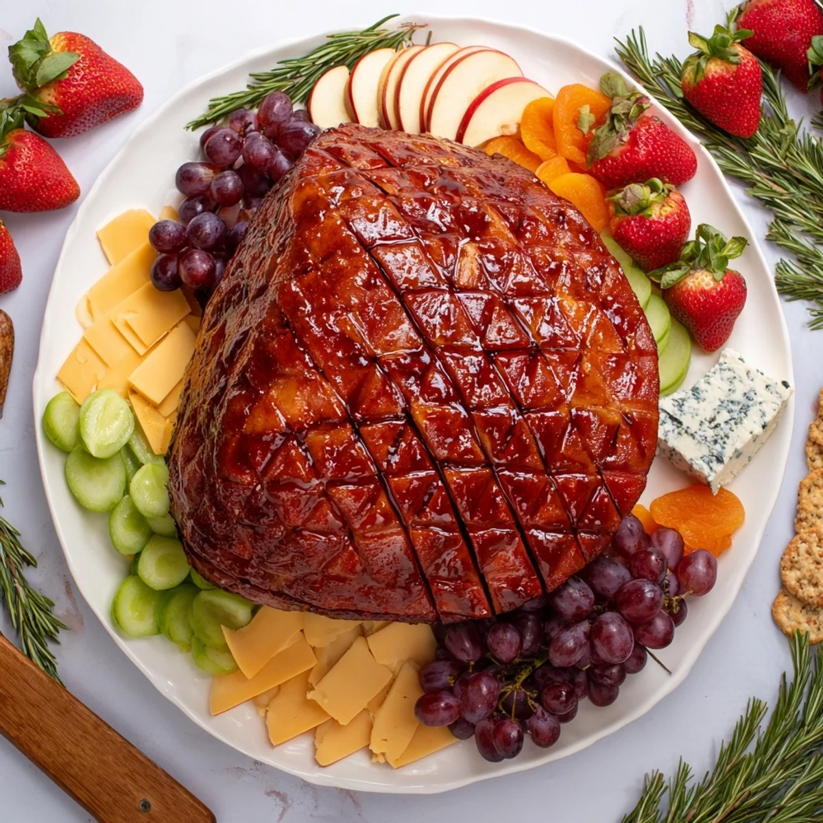 Süß glasiertes Schinken-Herzstück Board, beladen mit Käse, Obst und Brot für dein Fest.