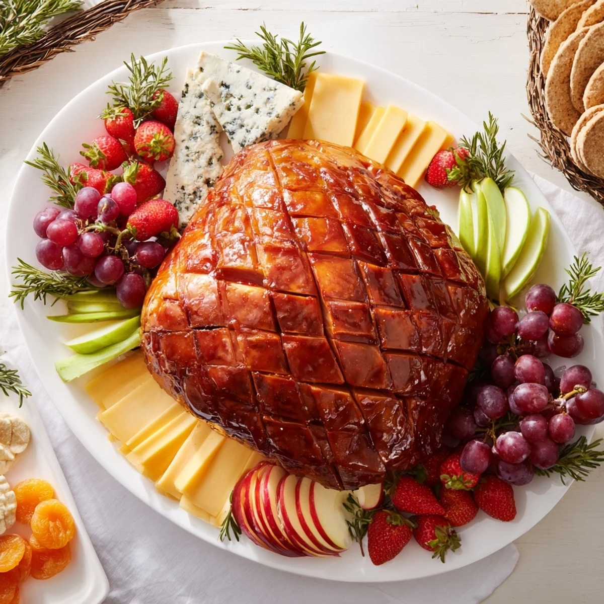 Ein prachtvolles Arrangement von Käse, Obst und dem glasierten Schinken-Herzstück Board für dein Fest.