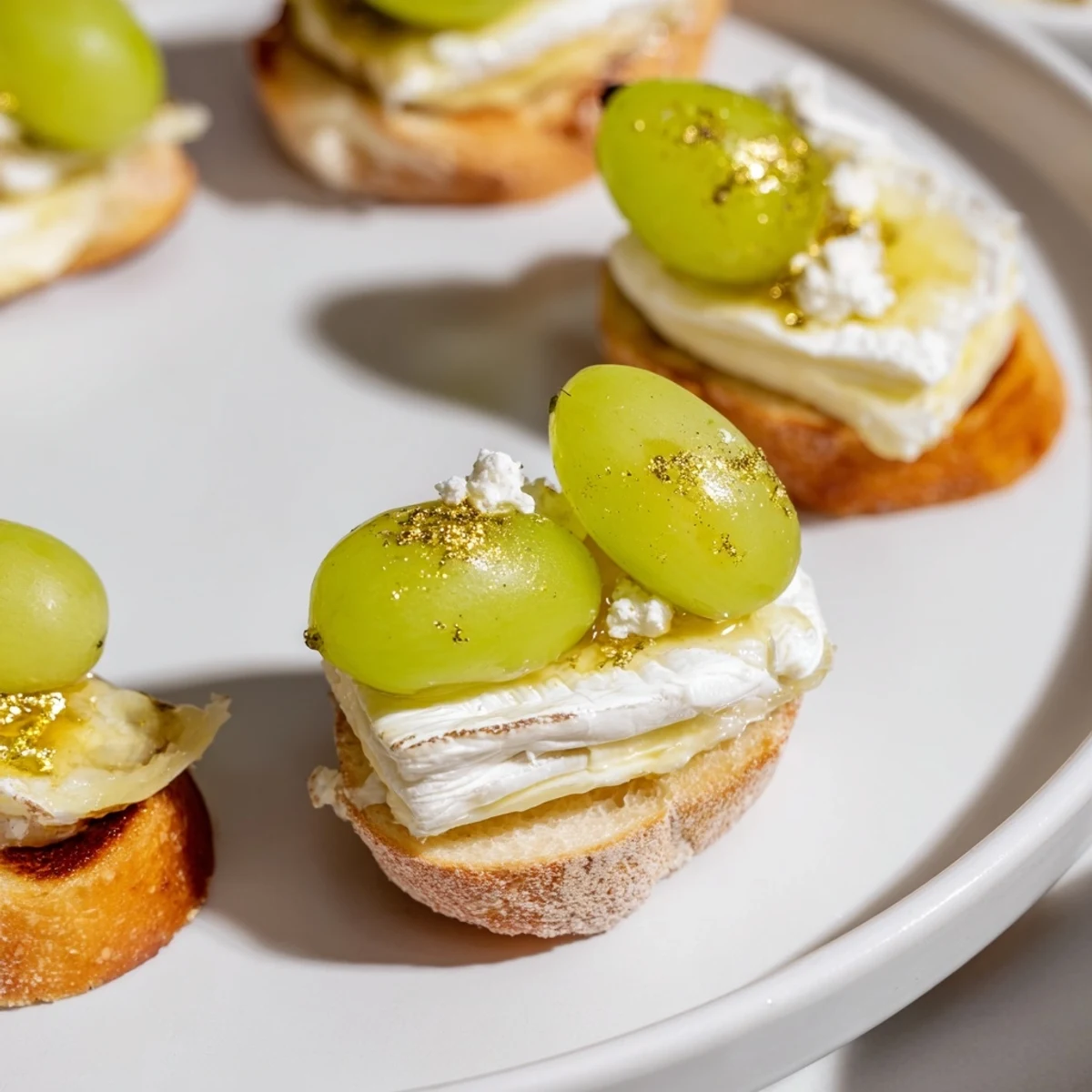 Elegant sparkling champagne toast appetizer, topped with golden grapes, ready to enjoy at a party.