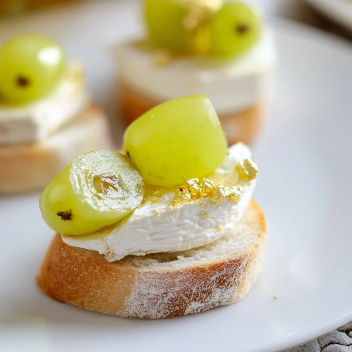Close-up of sparkling champagne toast, showing bubbly grapes on creamy cheese, ready to serve.