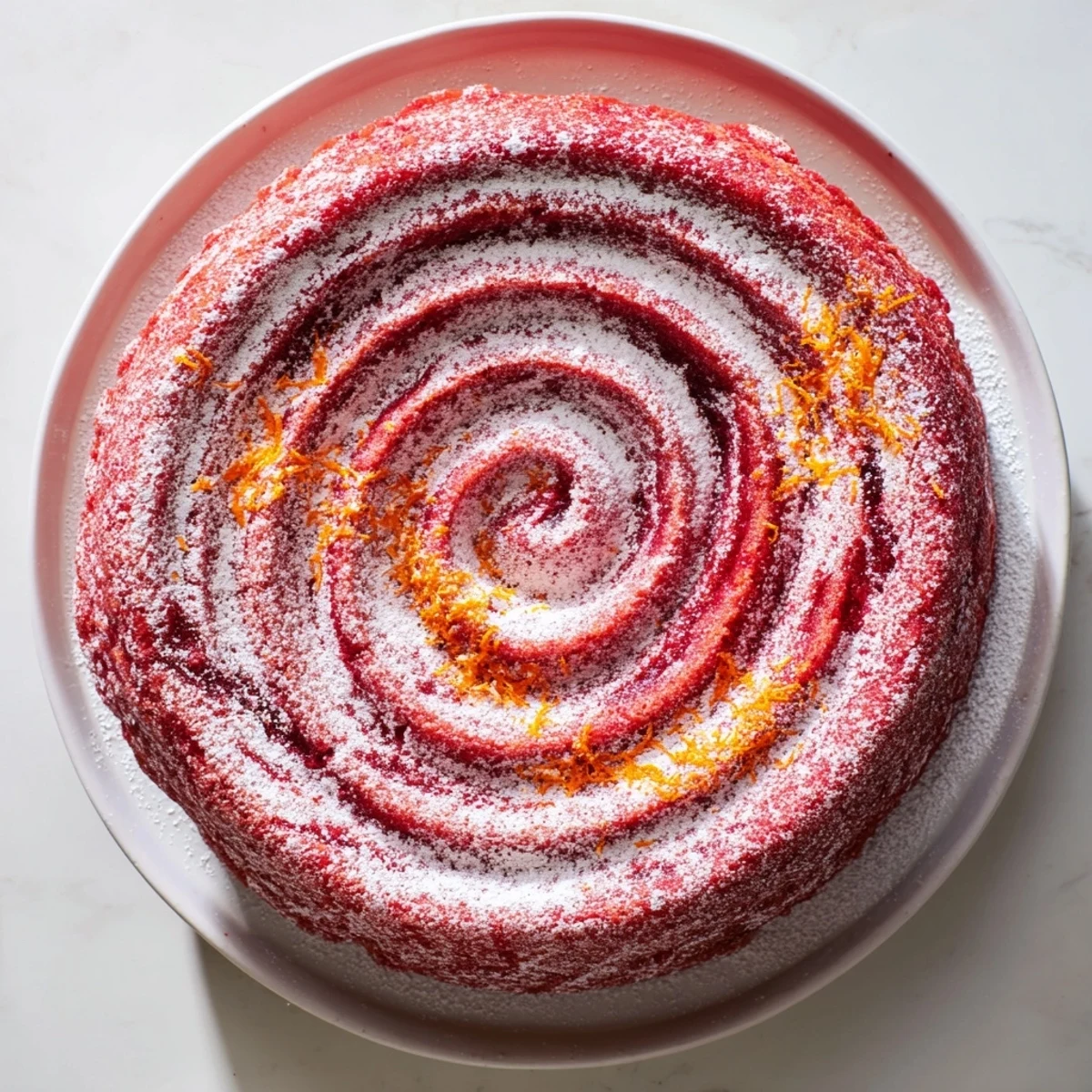 A slice of The Cranberry Orange Swirl cake, swirled with bright cranberry and orange zest.