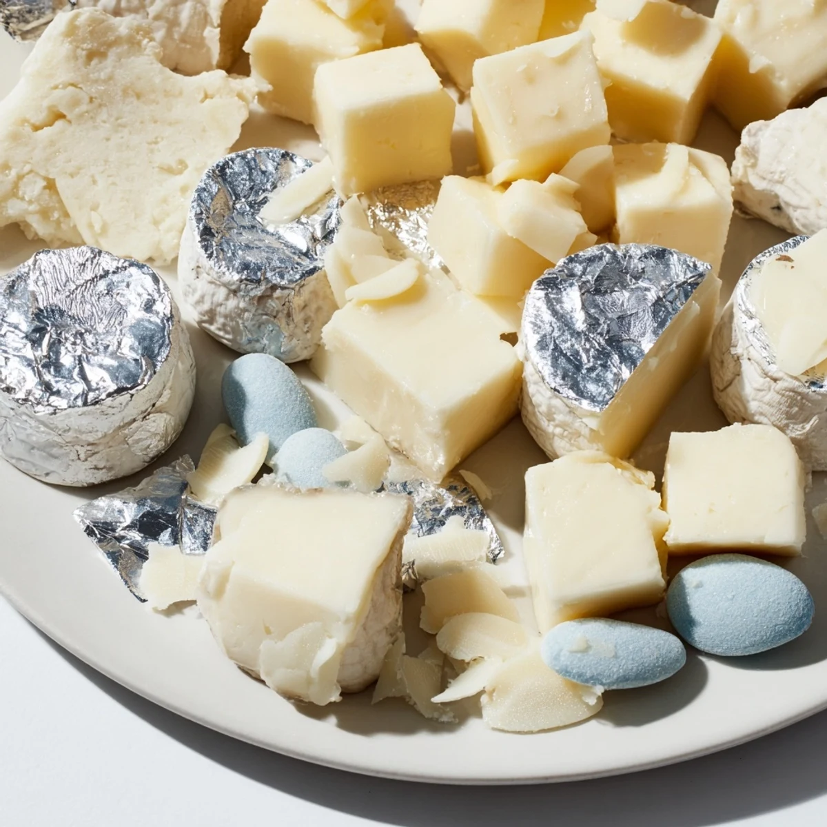 A beautifully arranged Winter Wonderland Platter with white cheeses, nuts, and sugared almonds.