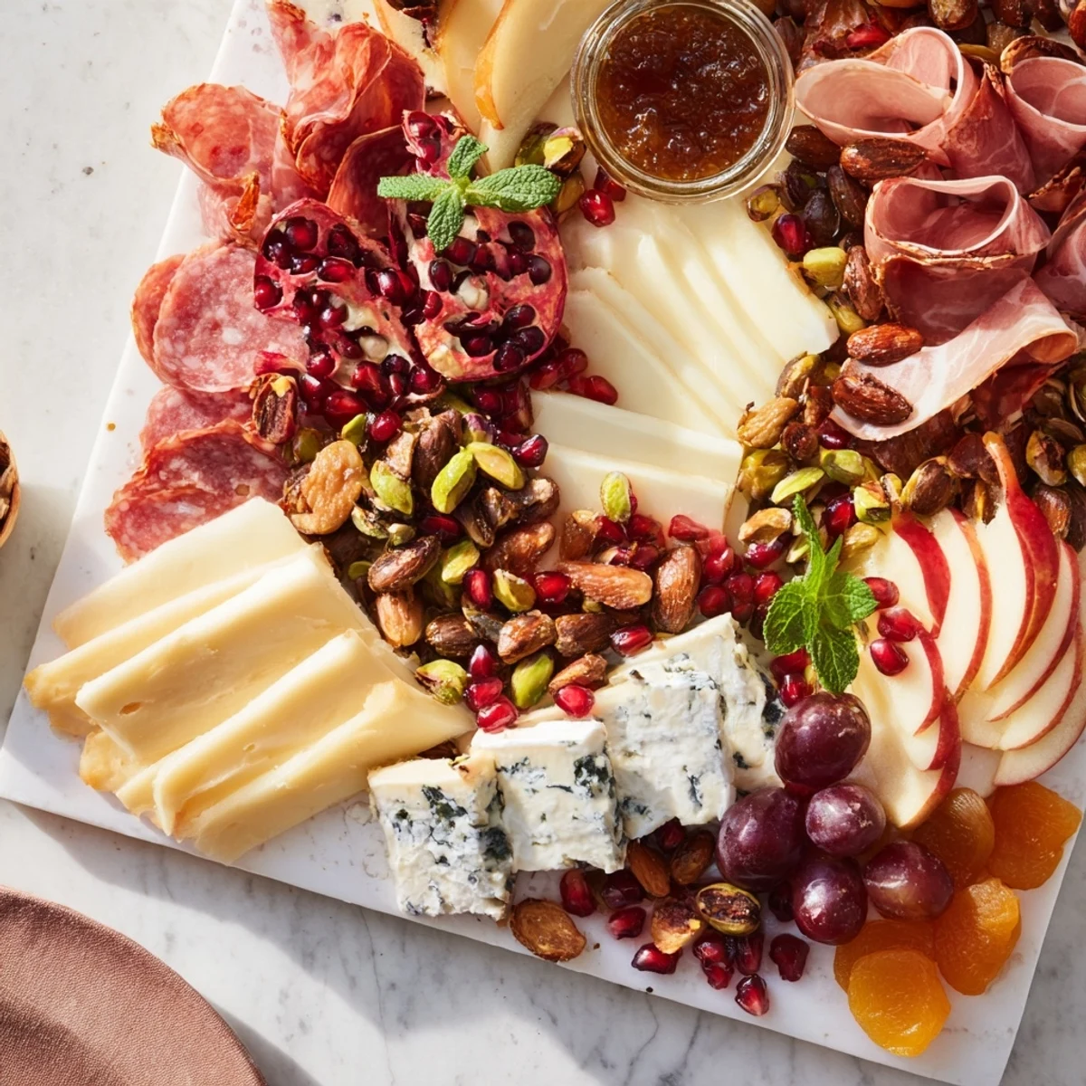 Pomegranate Jewel Cascade cheese board, bursting with vibrant pomegranate seeds and fresh fruits.
