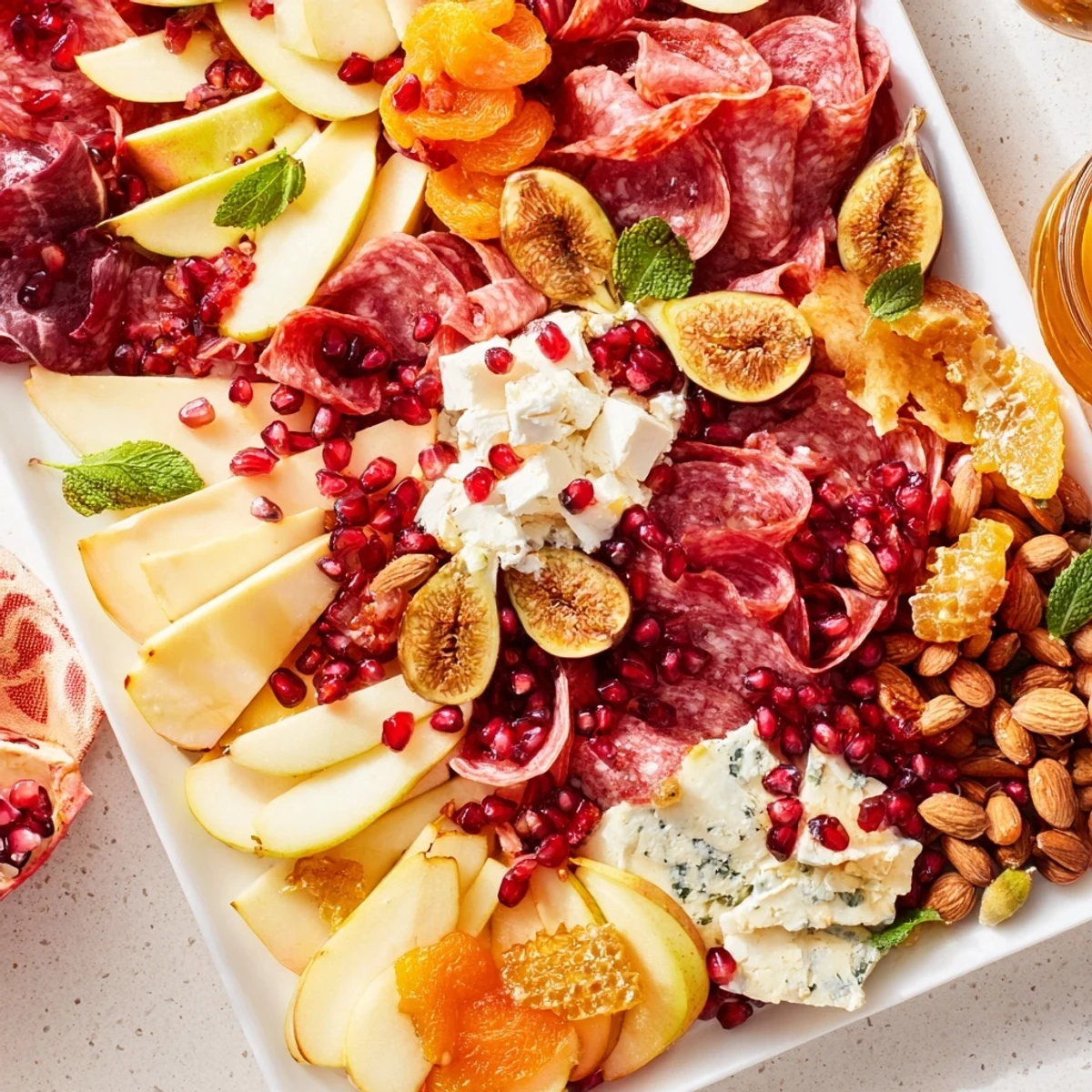 This stunning Pomegranate Jewel Cascade appetizer features sparkling pomegranate arils alongside delicious cheeses.