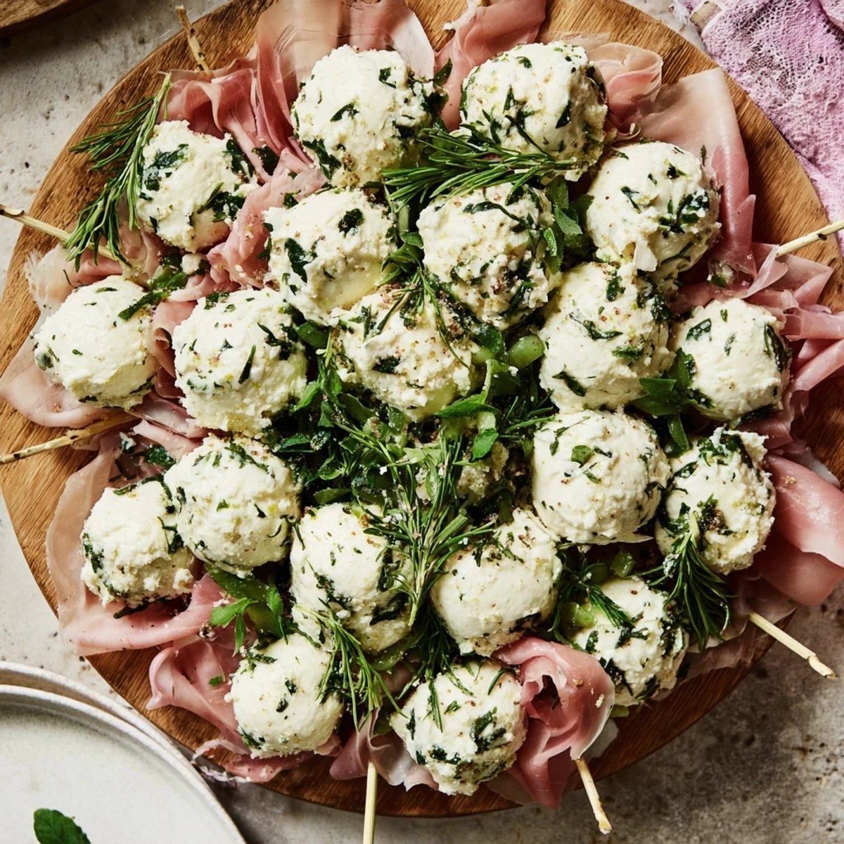 Close-up of a stunning Mistletoe Kissing Ball appetizer, showcasing fresh herbs and colorful ingredients.