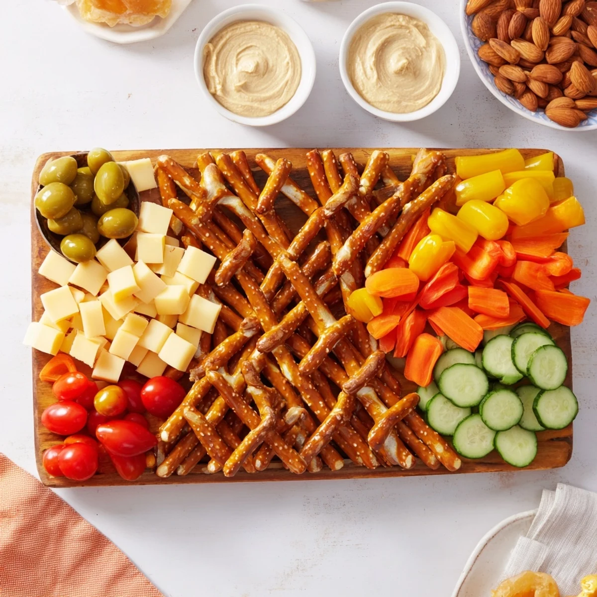 A visually stunning Urban Grid snack platter featuring cheddar, veggies, and pretzel "streets," ready to eat.
