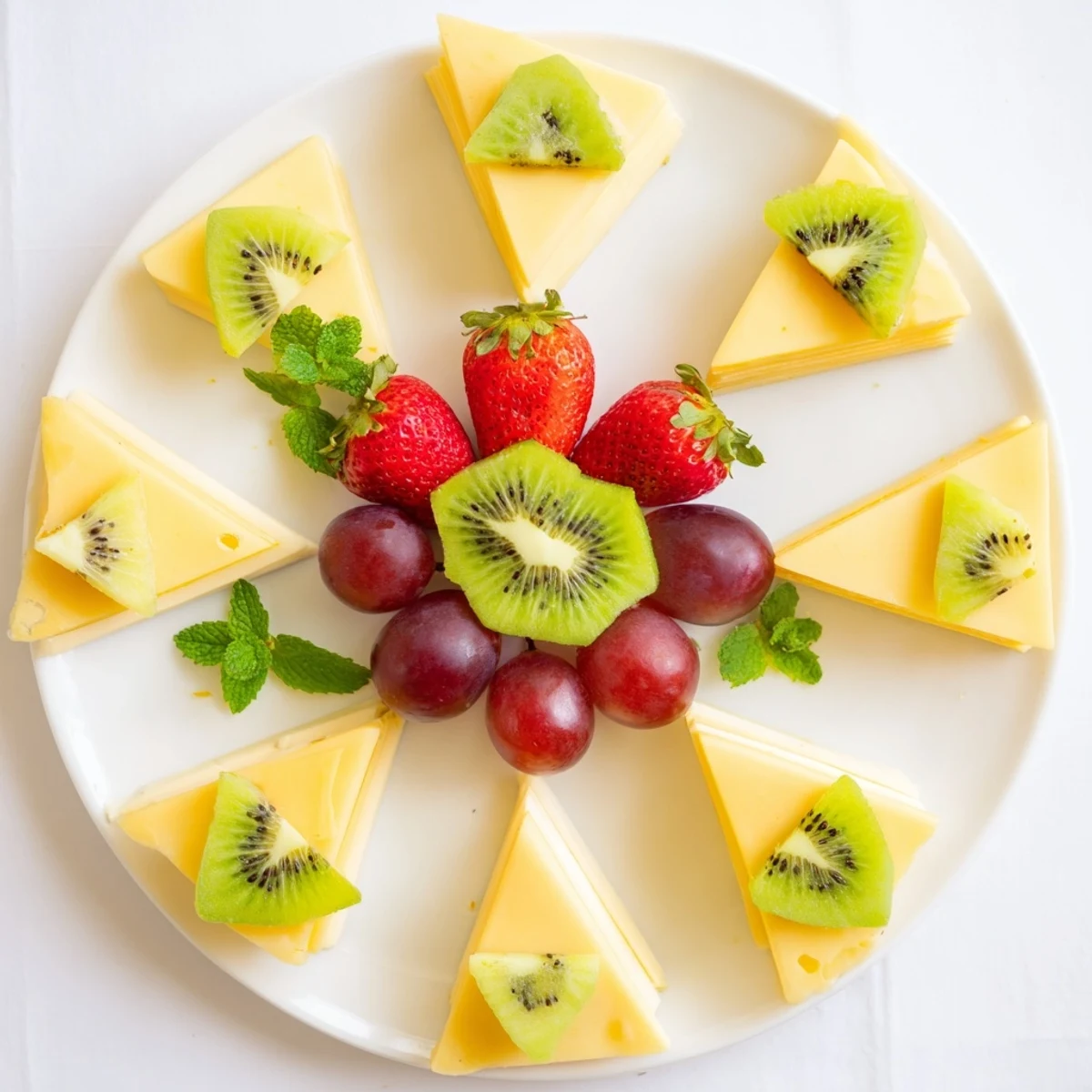 A vibrant Kaleidoscope Circle appetizer: Fresh fruit and cheese arranged in patterned slices.
