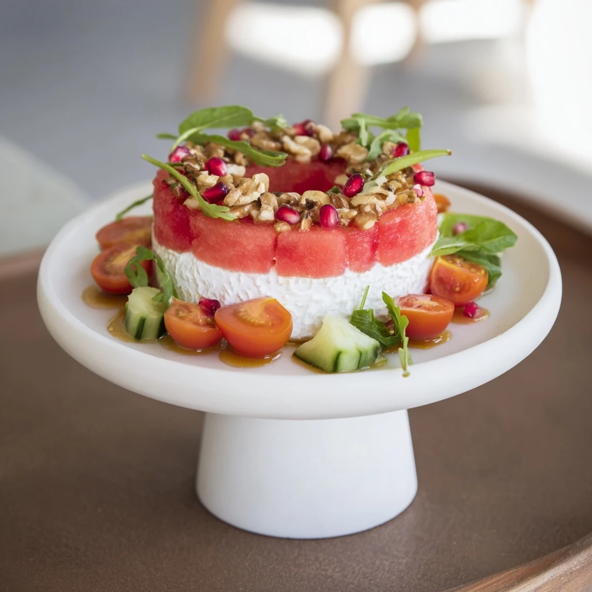 Arugula and tomatoes surround the cheese on The Zenith Point salad, a beautiful vegetarian meal.