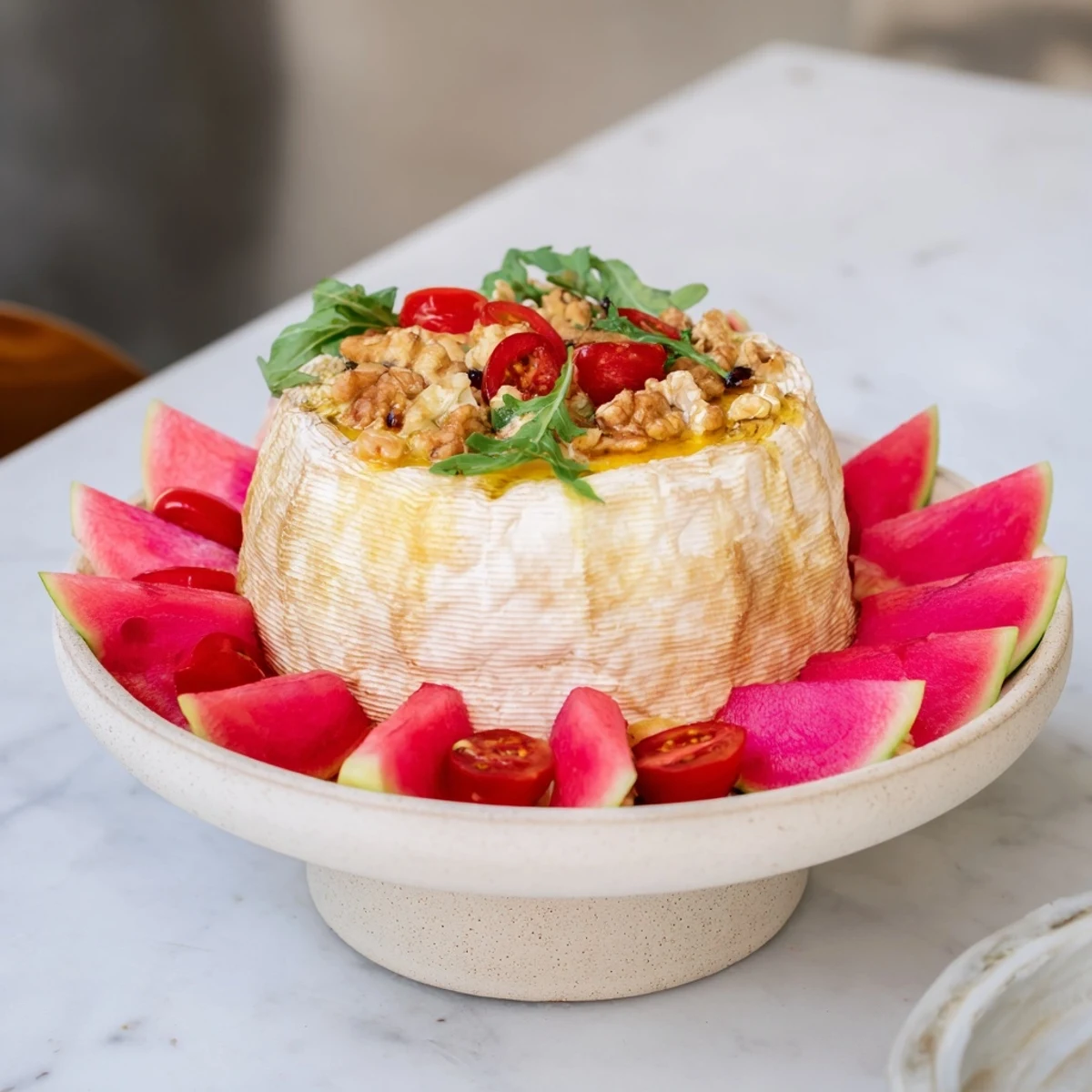 This Zenith Point salad features an artisanal cheese wheel centerpiece with colorful, fresh ingredients.