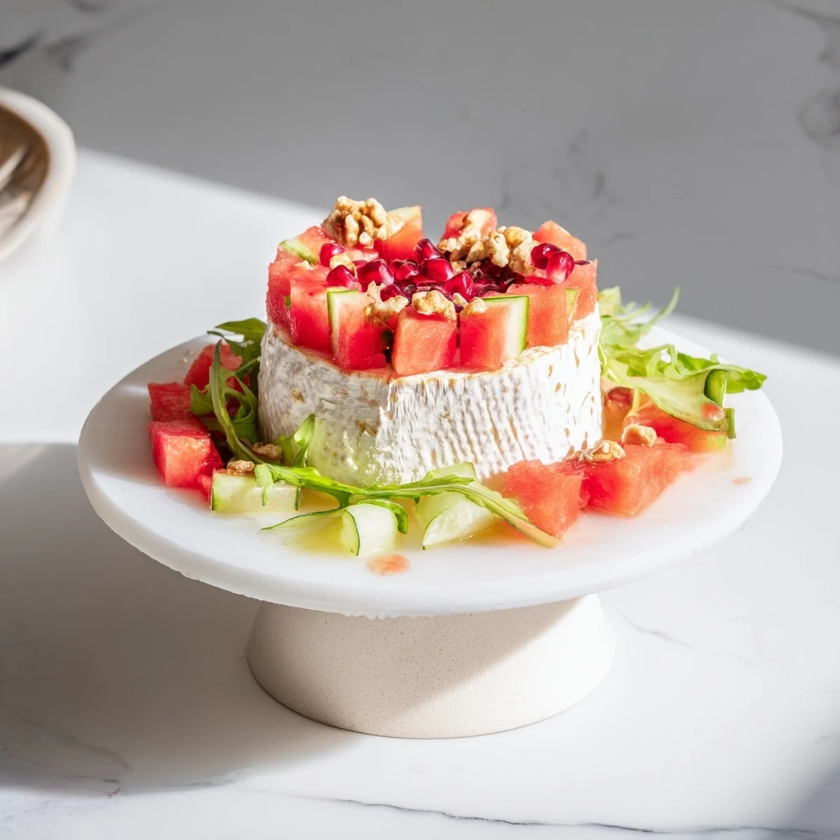 Drizzled dressing over the gorgeous Zenith Point salad with radiating fresh produce, ready to serve.