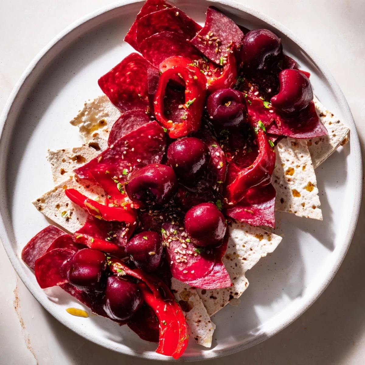 Vibrant The Crimson Tide appetizer with red pepper, chorizo, and fresh cracker base.