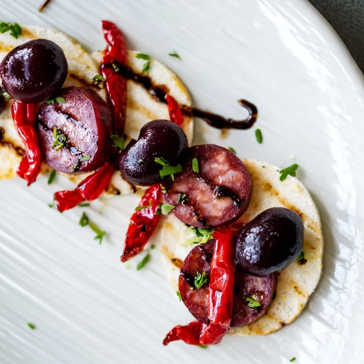 A platter of The Crimson Tide appetizer with spicy chorizo and sweet cherries.