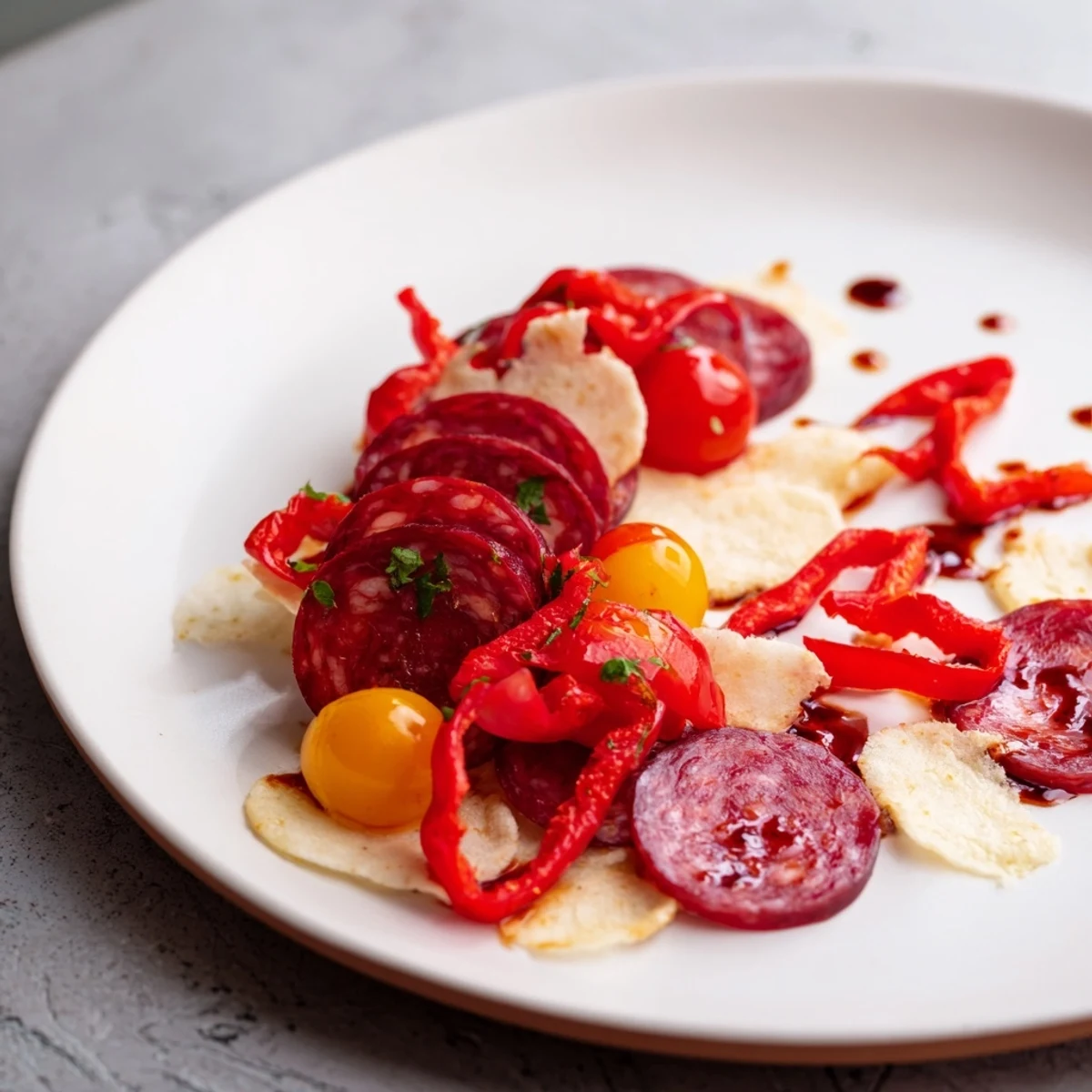 Close-up of The Crimson Tide appetizer, a beautiful arrangement with red ingredients.