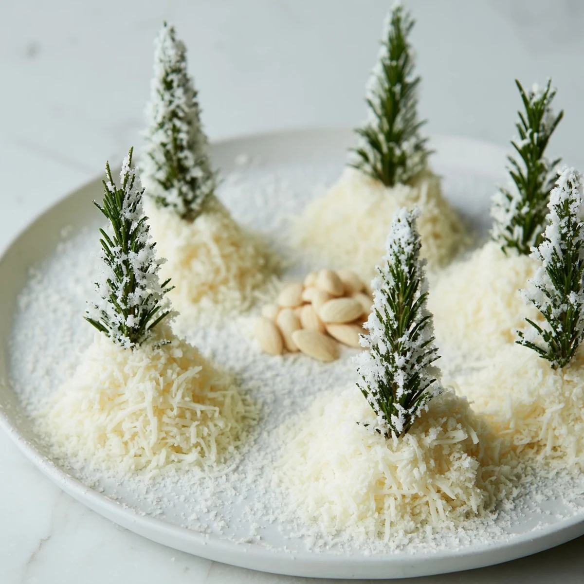 A festive The Frosted Pine cheese board with sugared rosemary "pines" and cheddar "snow."