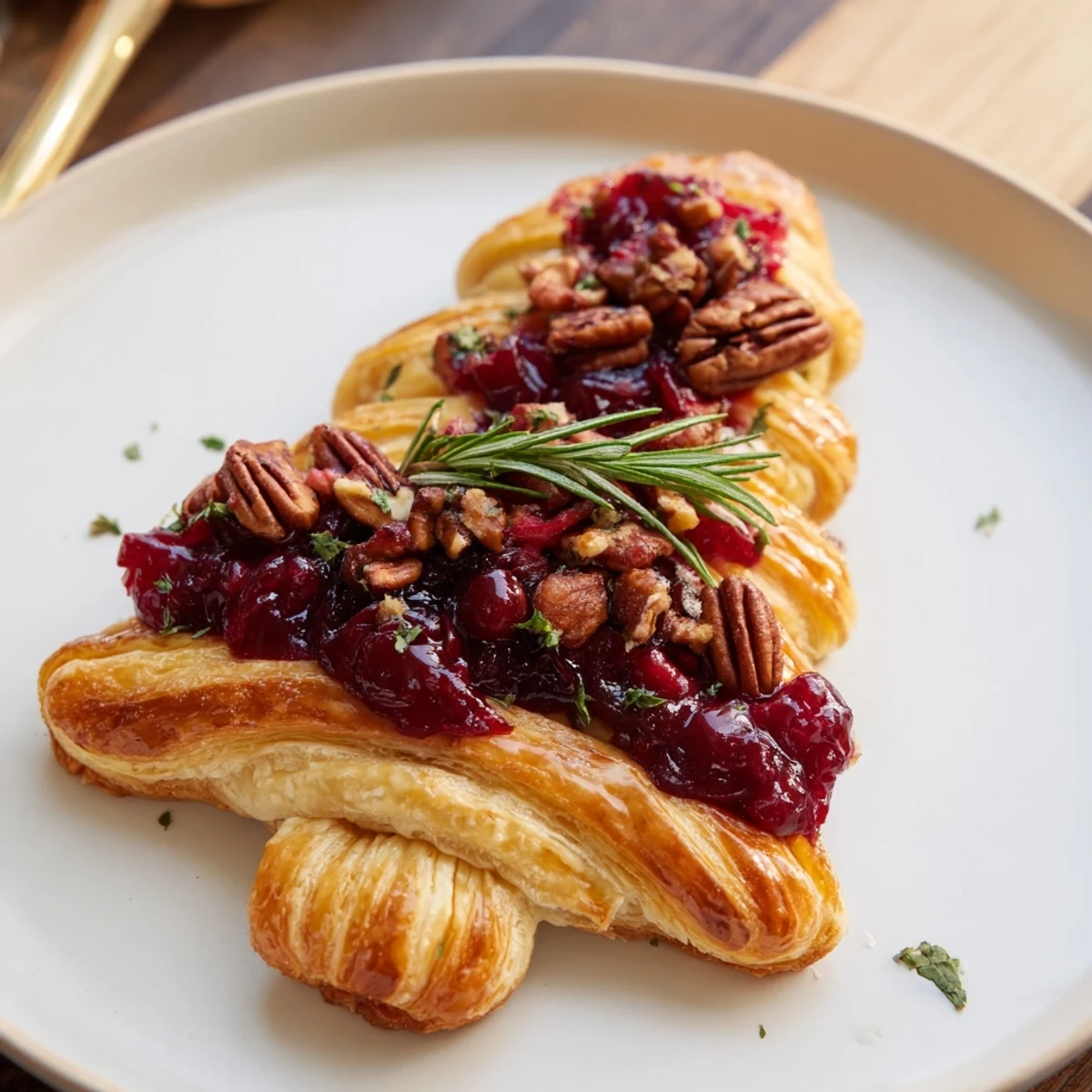 Golden, flaky Brie en Croûte Pine Tree, baked and ready to serve with cranberry filling and pecans.