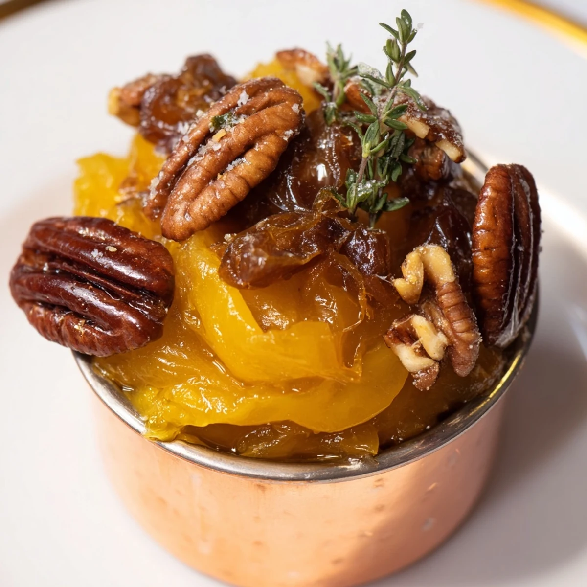 Golden-brown pecans and dates top the sweet onion jam in this delectable Copper Kettle appetizer photo.