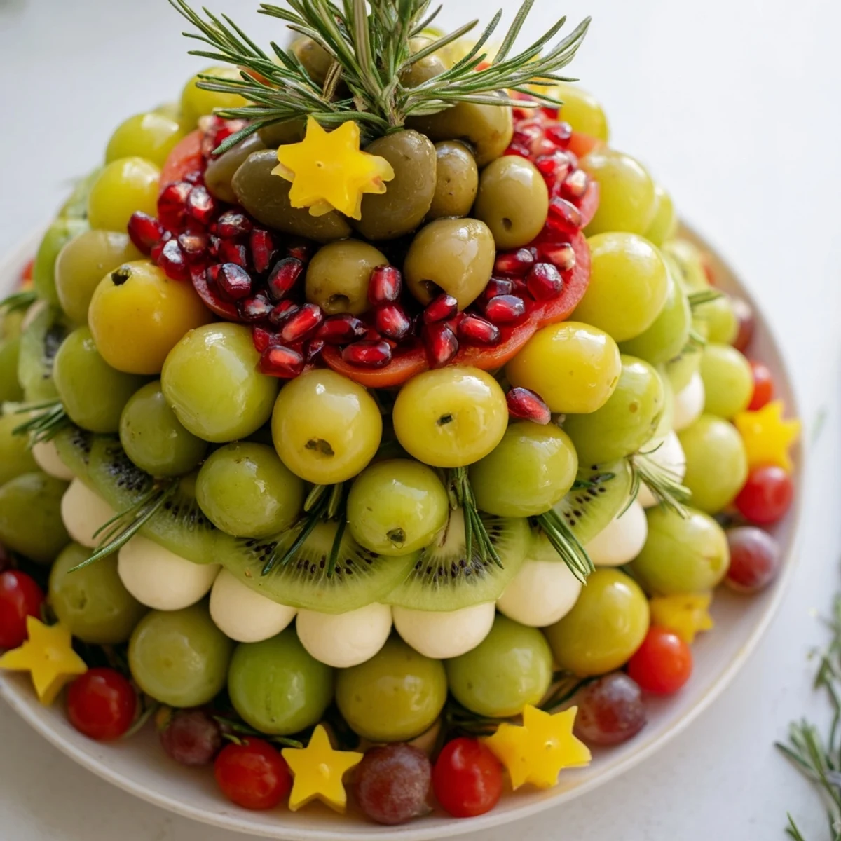 This Christmas Tree Triangle Board appetizer sparkles with mozzarella, tomatoes, and pomegranate seeds for a holiday gathering.