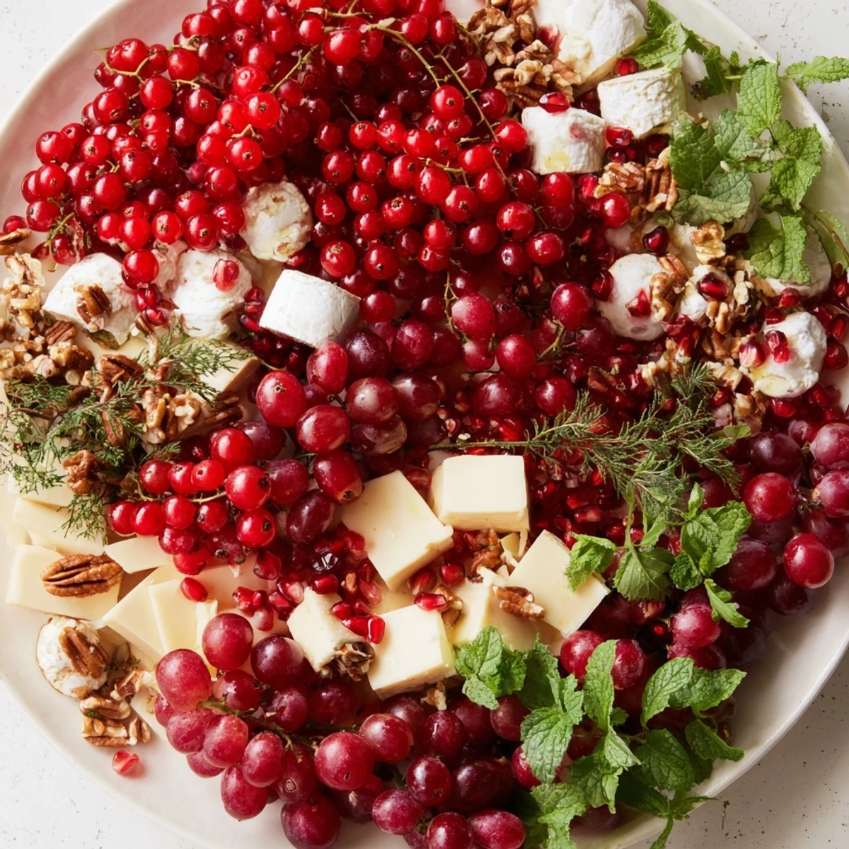 A delicious view: this Holly Berry Cluster appetizer shows red currants and goat cheese, ready to serve!