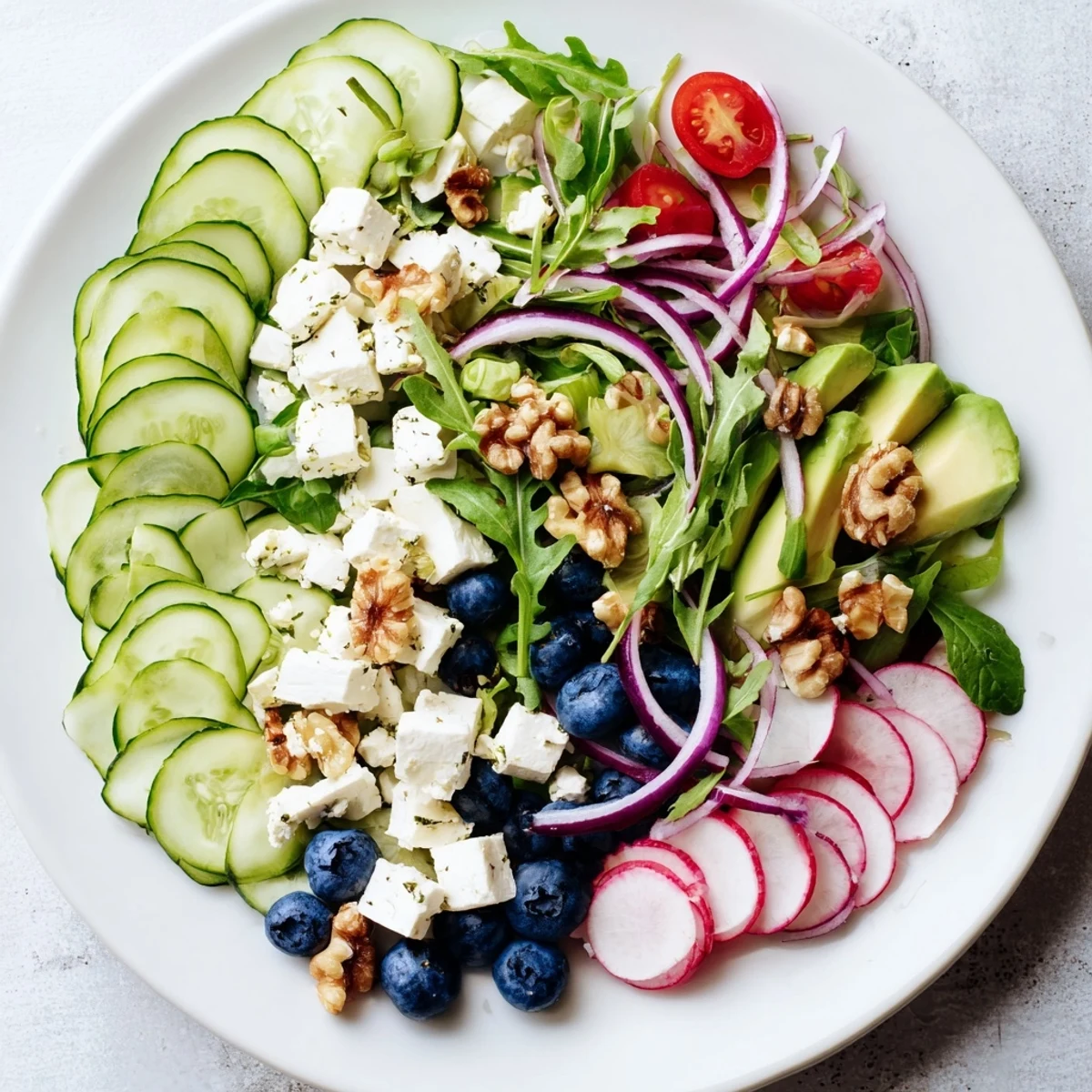 Close-up of a beautifully plated Fibonacci Fan Salad, with crunchy walnuts and a light vinaigrette.