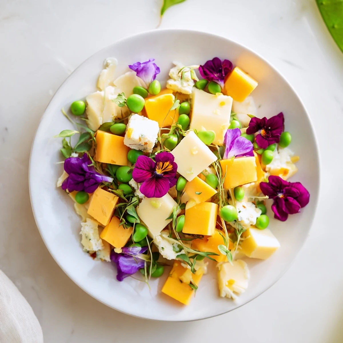 "Secret Garden" appetizer: colorful microgreens and flowers artfully conceal cheese for guests.
