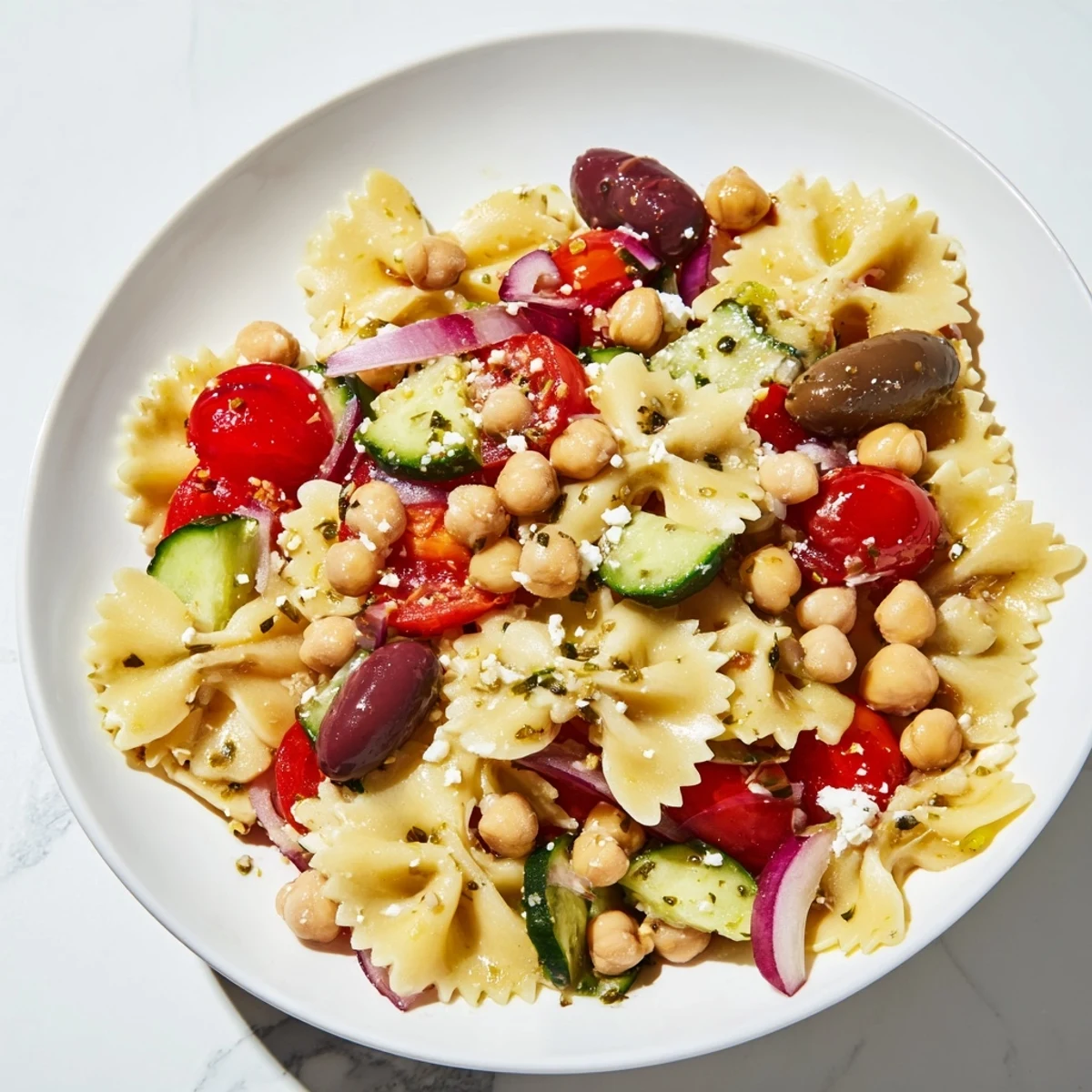 Vibrant Mediterranean pasta salad with chickpeas, feta cheese, and fresh, colorful vegetables.