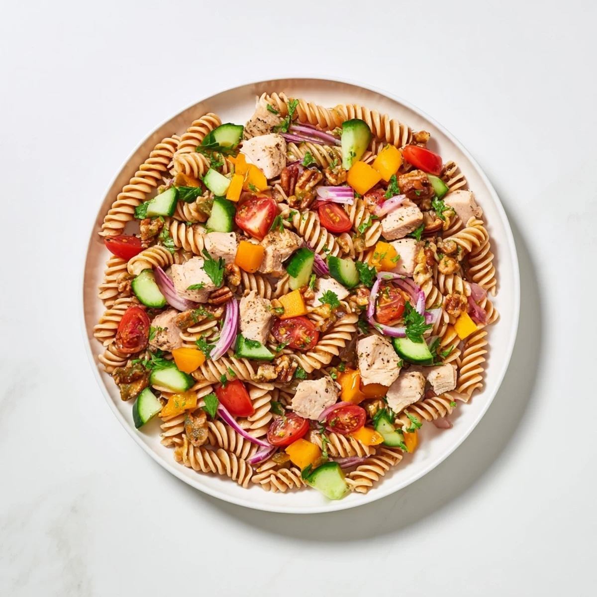 Pasta Salad with Cranberry Vinaigrette: a colorful bowl with rotini, chicken, and a zesty, homemade dressing.