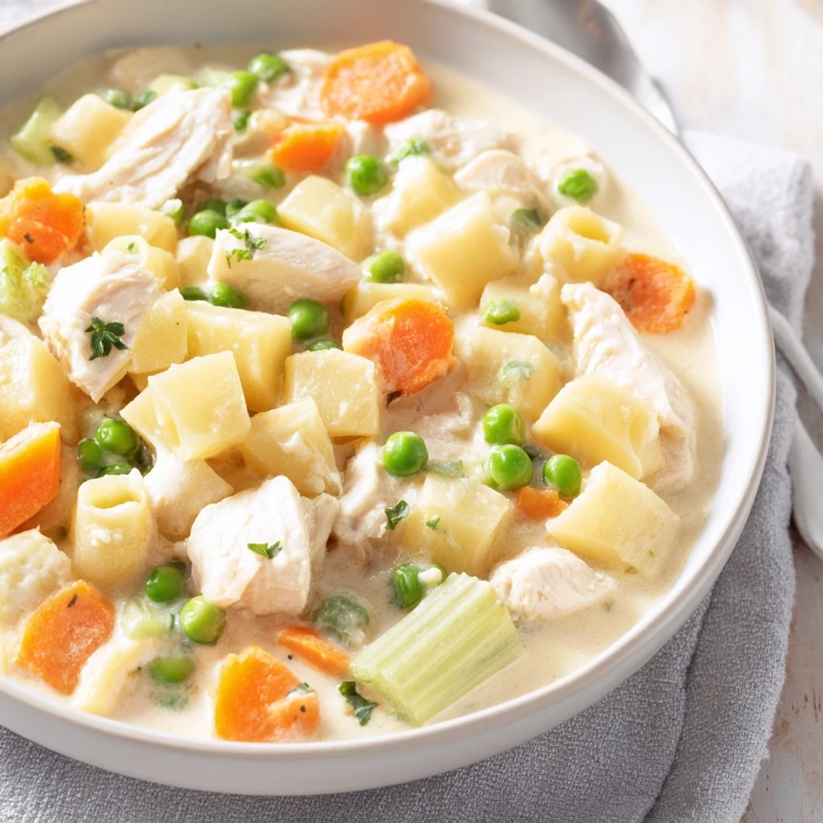 Creamy Chicken Pot Pie Pasta Soup, garnished with vibrant parsley, ready to warm your senses.