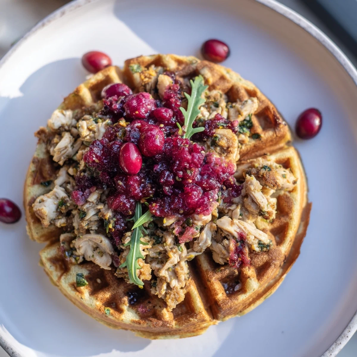 Golden, crispy stuffing waffle chicken sliders, featuring tender chicken and cranberry mayo, a delightful bite.
