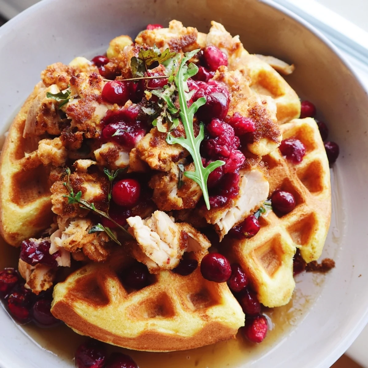 A close-up of a delicious stuffing waffle chicken slider with cranberry mayo and fresh arugula.