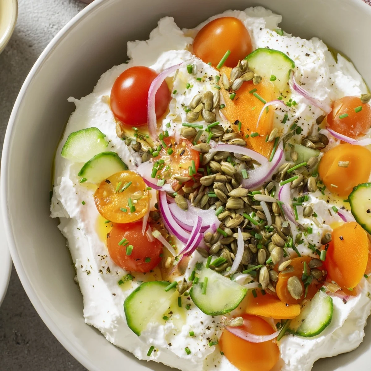Creamy cottage cheese snack bowl, a high-protein cottage cheese remix, starring fresh tomatoes and cucumbers.