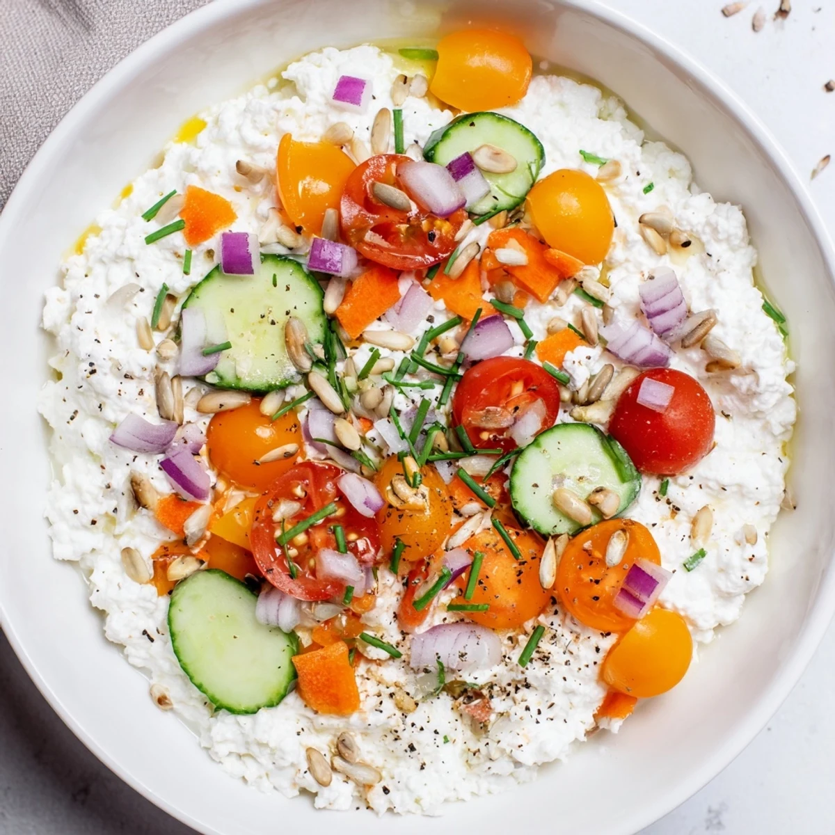 Vibrant cottage cheese snack bowl: a quick, high-protein cottage cheese remix with crunchy veggies and seeds.