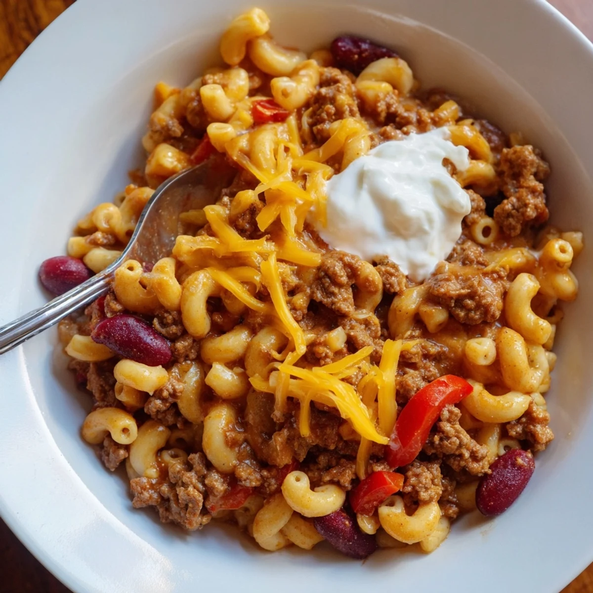 A steaming bowl of one-pot chili mac with melted cheese and fresh herbs on top.