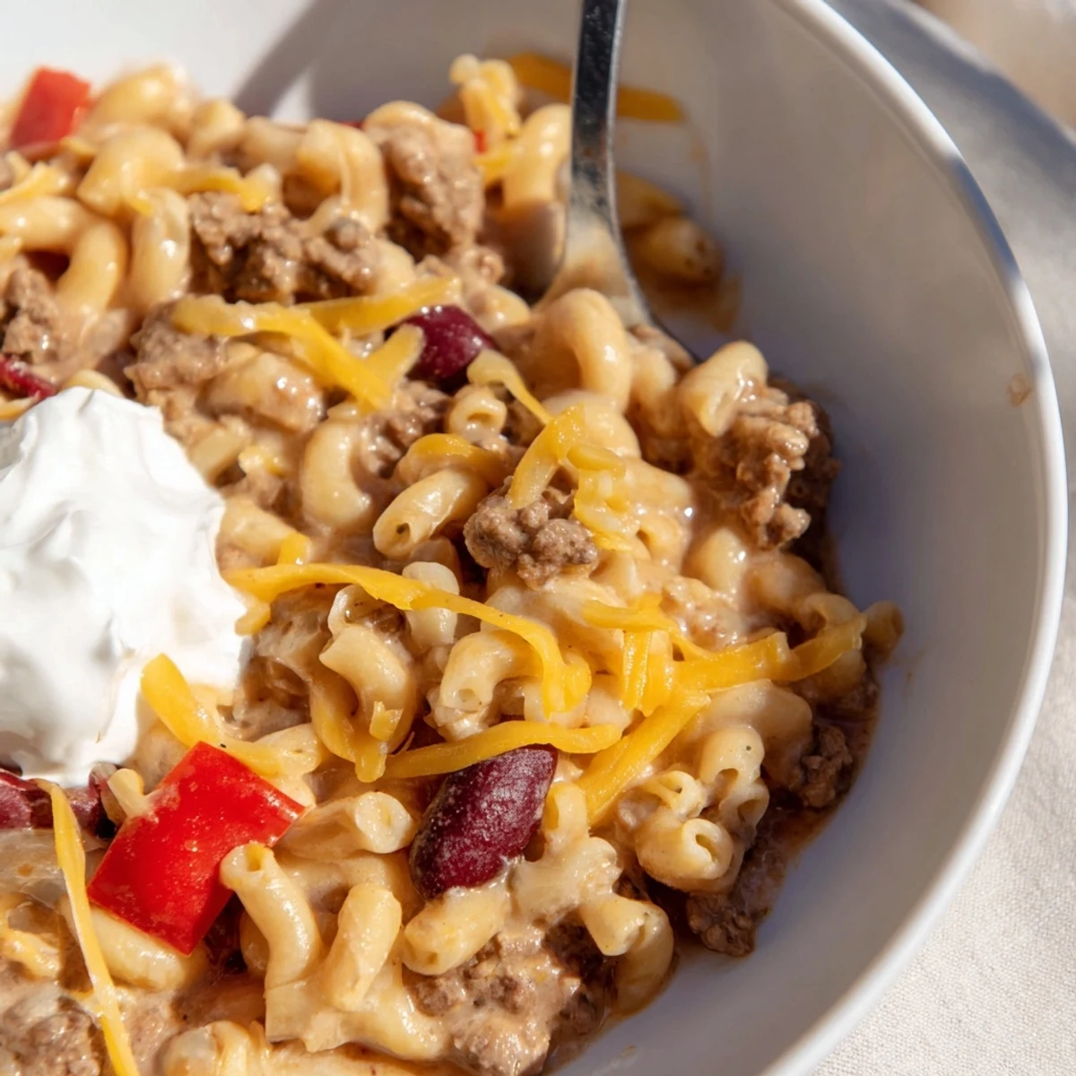This easy one-pot chili mac photo shows a creamy, flavorful and hearty meal.