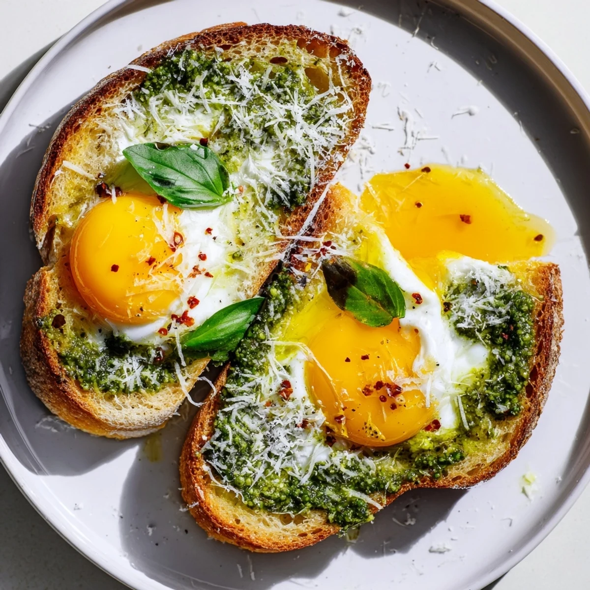 Fresh Pesto Egg Toast: A close-up of jammy eggs on pesto-covered sourdough, ready to eat.