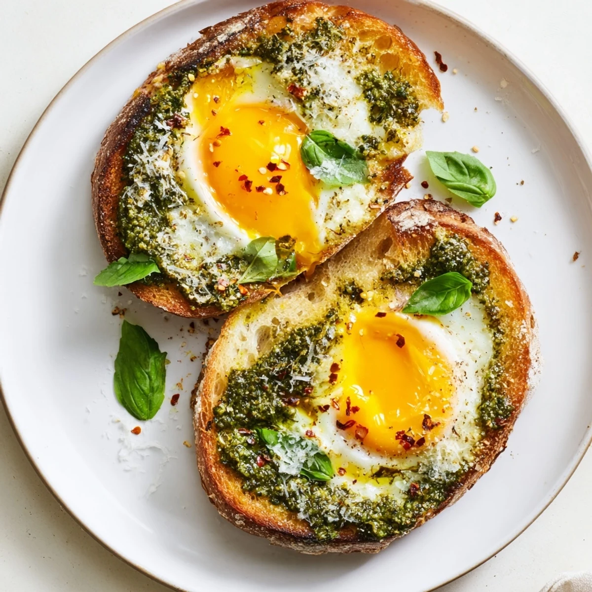 Pesto Egg Toast with vibrant green pesto, showing runny yolks and toasted crusty bread.