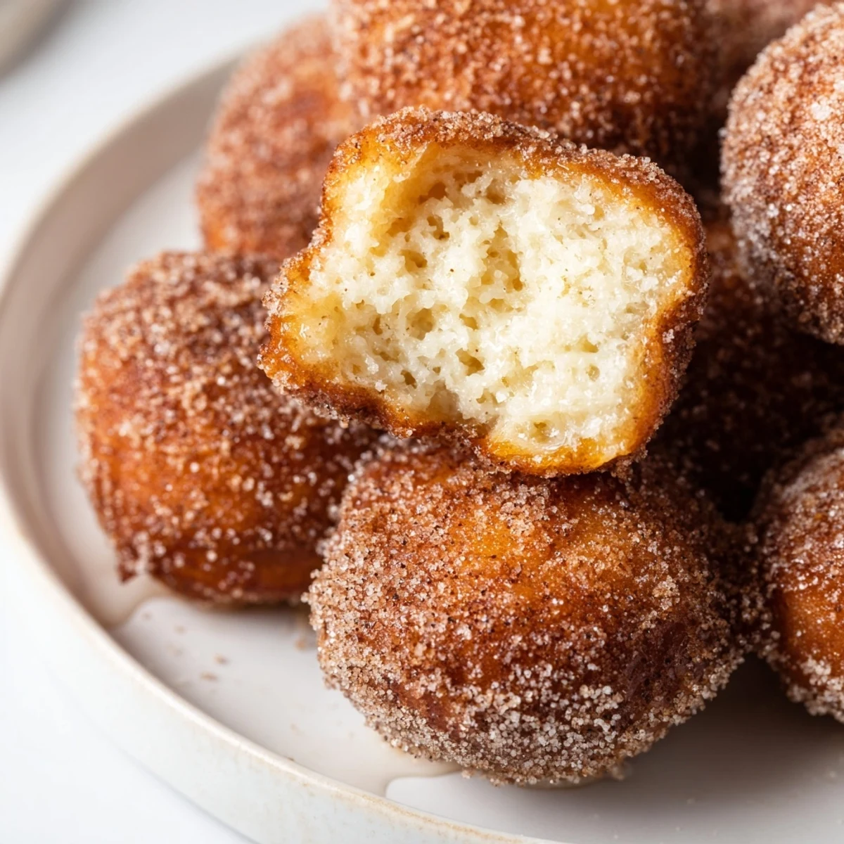 Fluffy air fryer cinnamon donuts, freshly coated in cinnamon sugar, ready for a sweet breakfast.